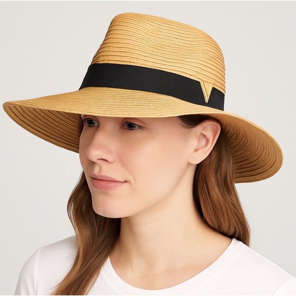 Vince Camuto Women's Tan Wide Brim Sun Hat OS Black Band Gold V Packable Resort